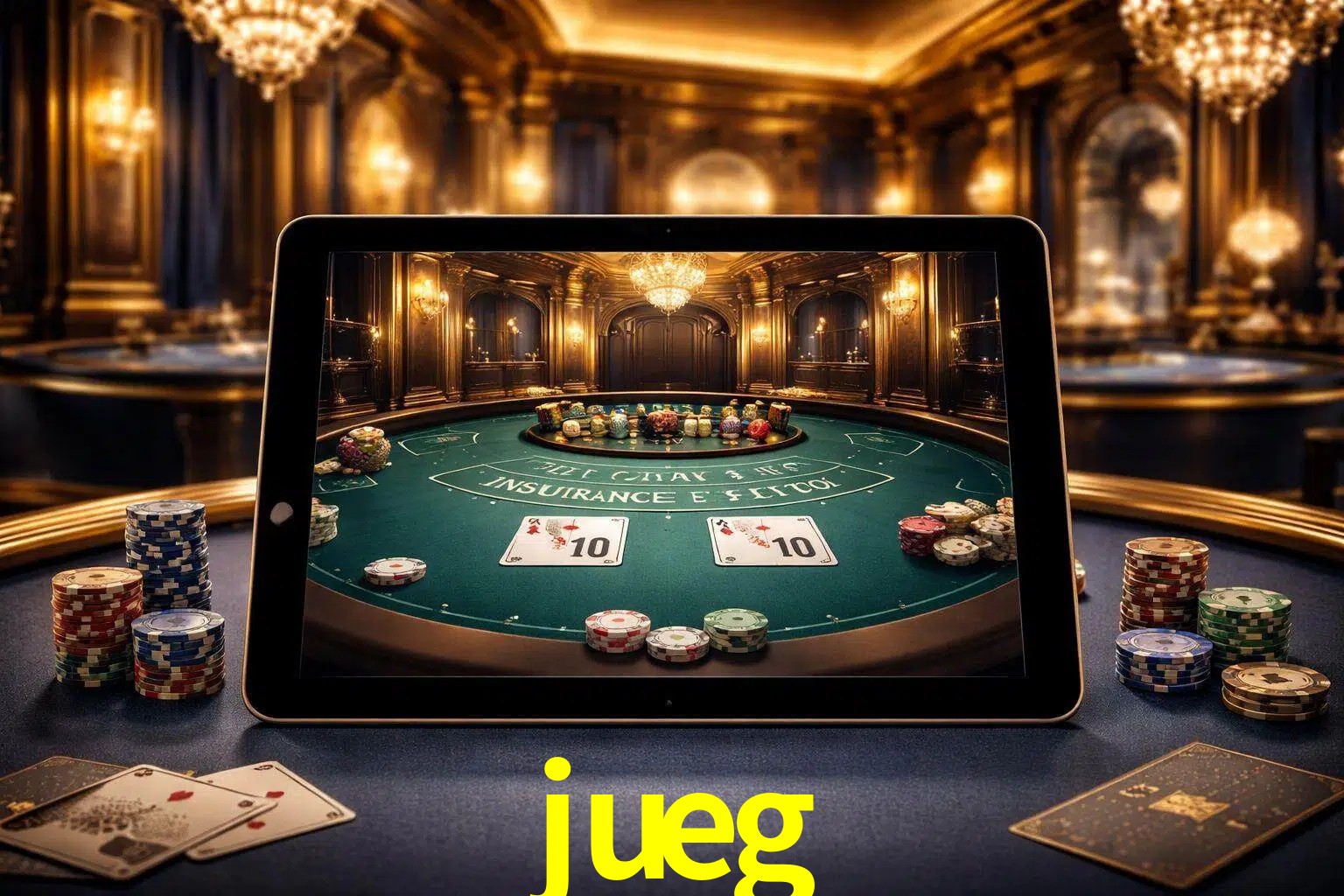 Configuración moderna de casino en vivo con una tableta mostrando una mesa de blackjack, luces cálidas de estudio y una atmósfera elegante de juegos digitales.